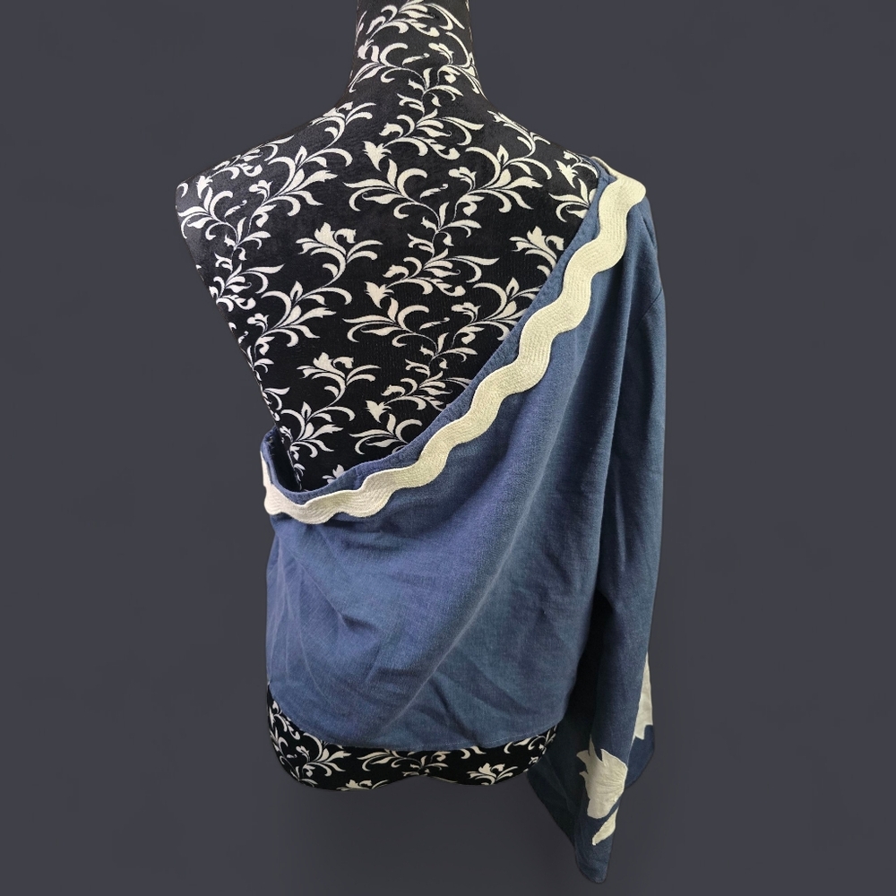 FarmRio For Anthropologie Asymmetrical Blue and Cream Top, Side Zip, Size XL - Picture 3 of 5